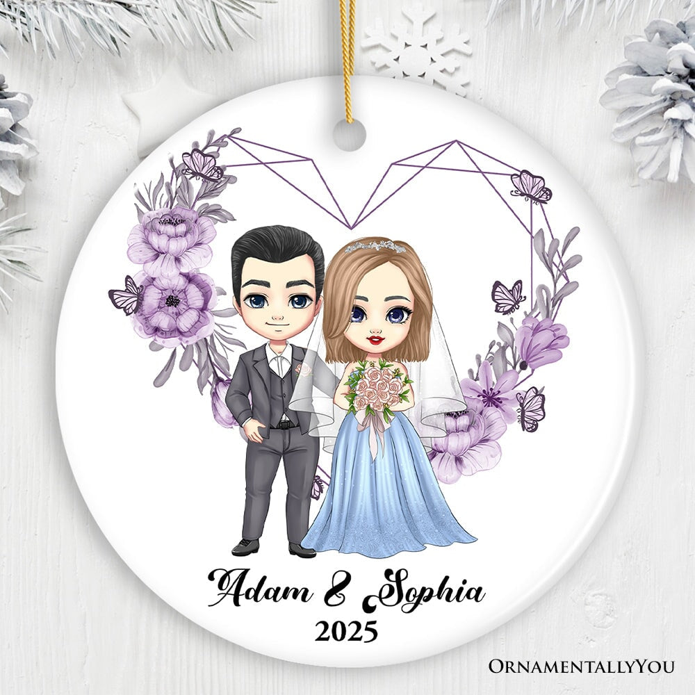Adorable Customized Married Couple Gift Christmas Ornament, Cartoon Bride and Groom Ceramic Ornament OrnamentallyYou Circle