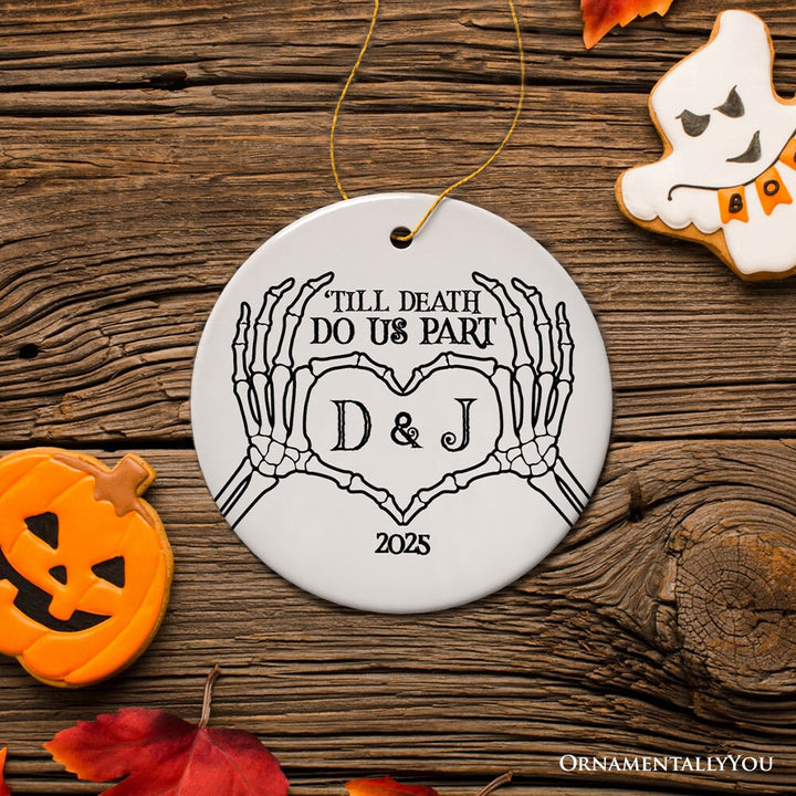 Minimalist Skeleton Couple Personalized Ornament, Spooky Wedding Keepsake Gift Ceramic Ornament OrnamentallyYou Circle
