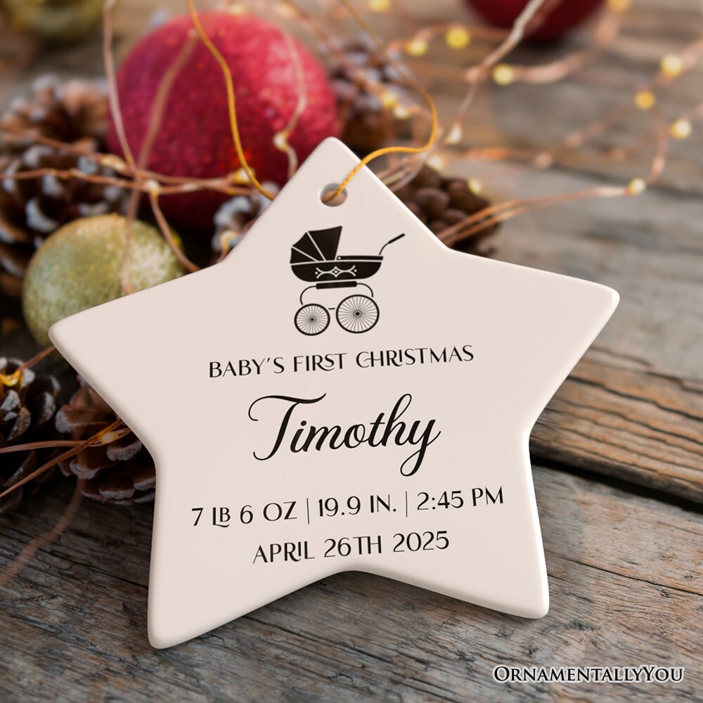 Fully Detailed Baby’s First Christmas Personalized Ornament with Weight and Birth Year Ceramic Ornament OrnamentallyYou Star