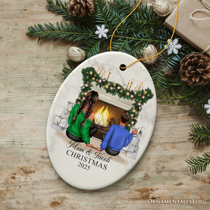 Mother and Daughter or Son Personalized Christmas Ornament, Custom Mom and Bestie Artwork Ceramic Ornament OrnamentallyYou Oval