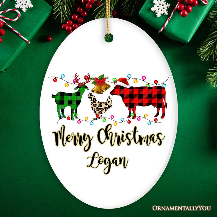 Personalized Farm Animal Buffalo Plaid Leopard Merry Christmas Ornament, Farmhouse Gift Ceramic Ornament OrnamentallyYou Oval
