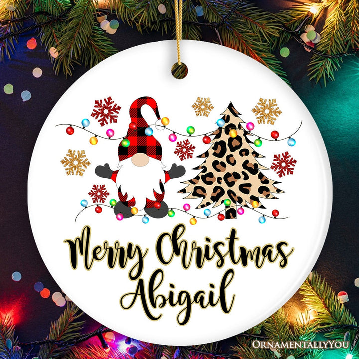 Personalized Gnome Plaid Leopard Merry Christmas Ornament Gift Ceramic Ornament OrnamentallyYou Circle