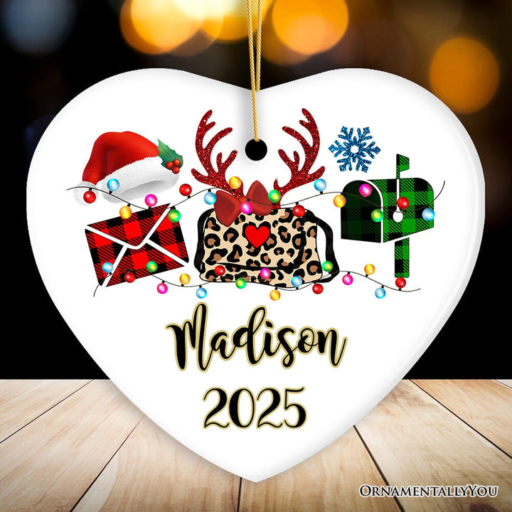 Personalized Postal Worker Buffalo Plaid Leopard Merry Christmas Ornament Gift Ceramic Ornament OrnamentallyYou Heart