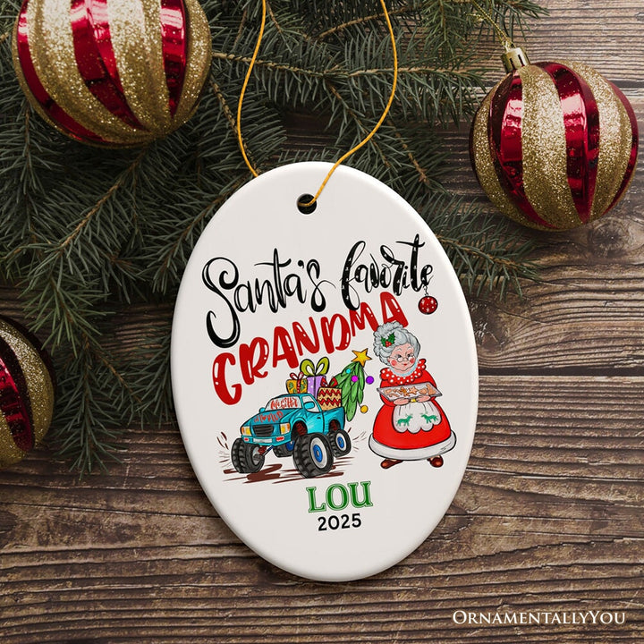 Fun & Whimsical Santa’s Favorite Grandma Personalized Christmas Keepsake Ornament, Grandmother Appreciation Gift Ceramic Ornament OrnamentallyYou Oval