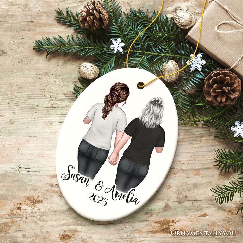 Gay Pride Women Couple with Rainbow Flag Personalized Christmas Ornament, LGBT and Lesbian Activism Ceramic Ornament OrnamentallyYou Oval
