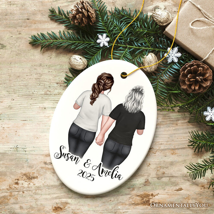 Gay Pride Women Couple with Rainbow Flag Personalized Christmas Ornament, LGBT and Lesbian Activism Ceramic Ornament OrnamentallyYou Oval