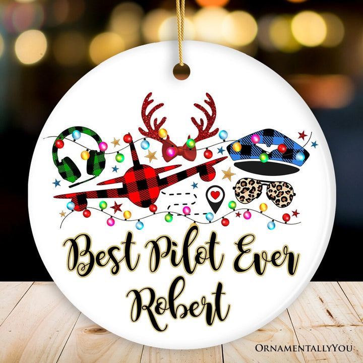 Personalized Airplane Pilot Buffalo Plaid Christmas Ornament, Flight Aircraft Crew Gift Holiday Decoration Ceramic Ornament OrnamentallyYou Circle