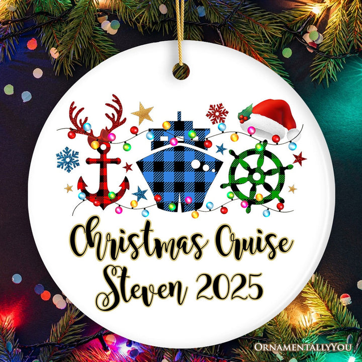 Personalized Cruise Vacation Buffalo Plaid Leopard Merry Christmas Ornament Gift Ceramic Ornament OrnamentallyYou Circle