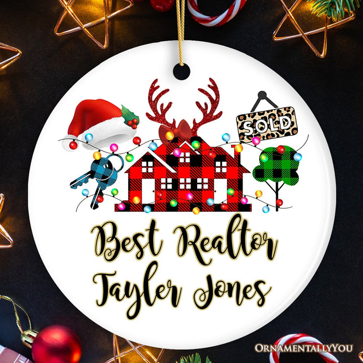 Personalized Realtor Buffalo Plaid Leopard Merry Christmas Ornament, Gift From Customers Ceramic Ornament OrnamentallyYou Circle