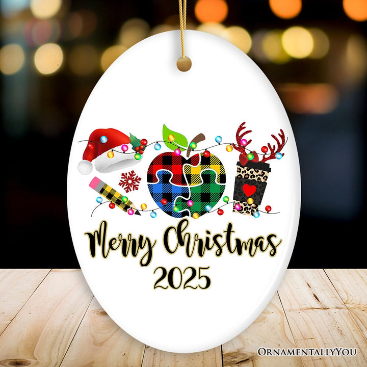 Personalized Autism Teacher Buffalo Plaid Leopard Merry Christmas Ornament, Thank You Gift Ceramic Ornament OrnamentallyYou Oval