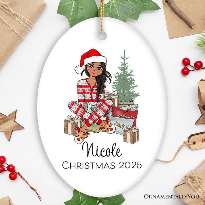 Personalized Girly Girl Christmas Ornament, Black, Blonde, Brown Brunette, and Red Hair Ceramic Ornament OrnamentallyYou Oval