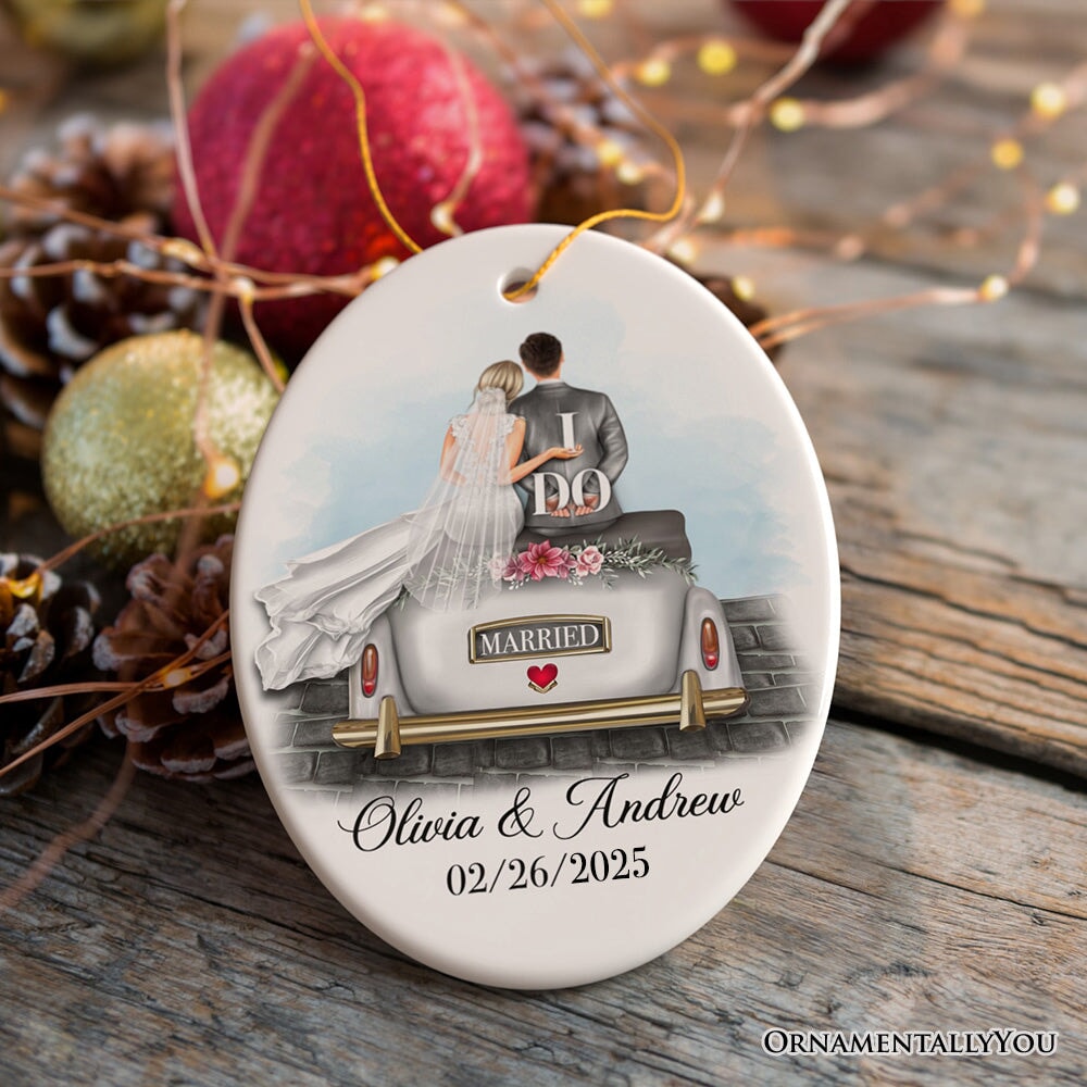 Newlywed Just Married Custom Keepsake Ornament, First Christmas as Husband and Wife Gift Ceramic Ornament OrnamentallyYou Oval