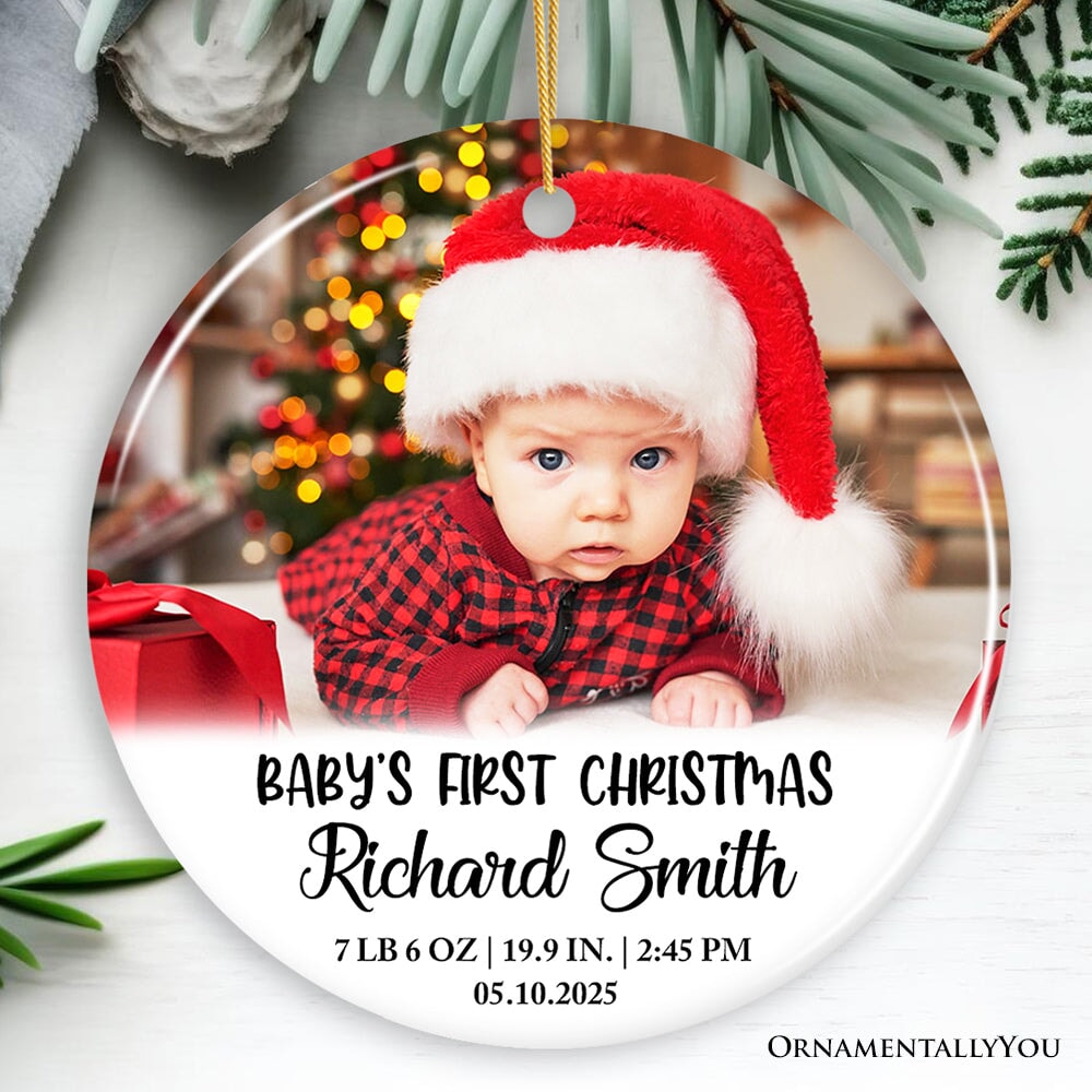 Custom Photo Baby’s First Christmas Tree Ornament, Newborn Size and Weight Ceramic Ornament OrnamentallyYou Circle