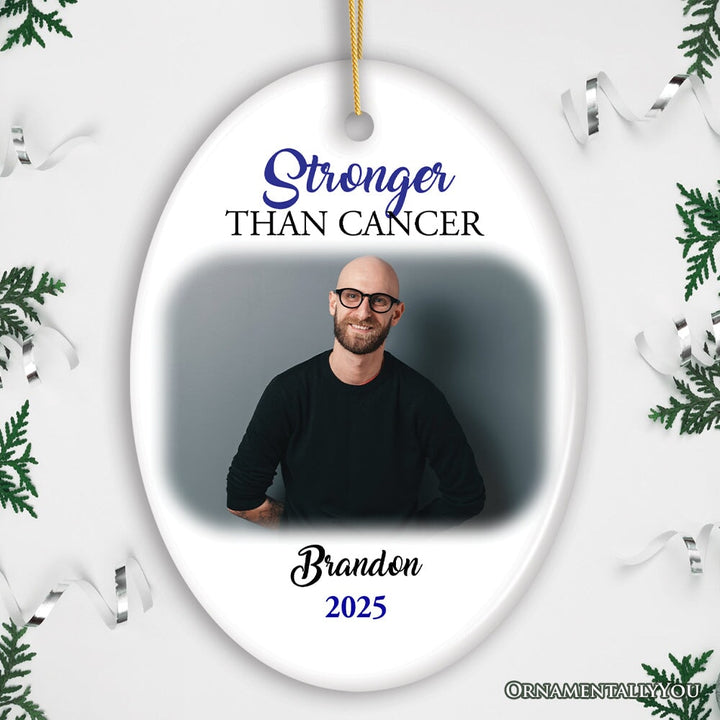 Men’s Cancer Awareness Photo Upload Ornament, Personalized Memory Gift Ceramic Ornament OrnamentallyYou Oval
