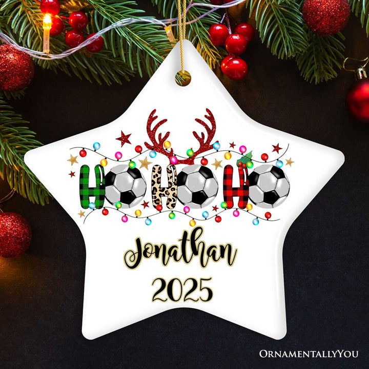Personalized Soccer Buffalo Plaid and Leopard Christmas Ornament, Ho Ho Ho Football Gift Ceramic Ornament OrnamentallyYou Star