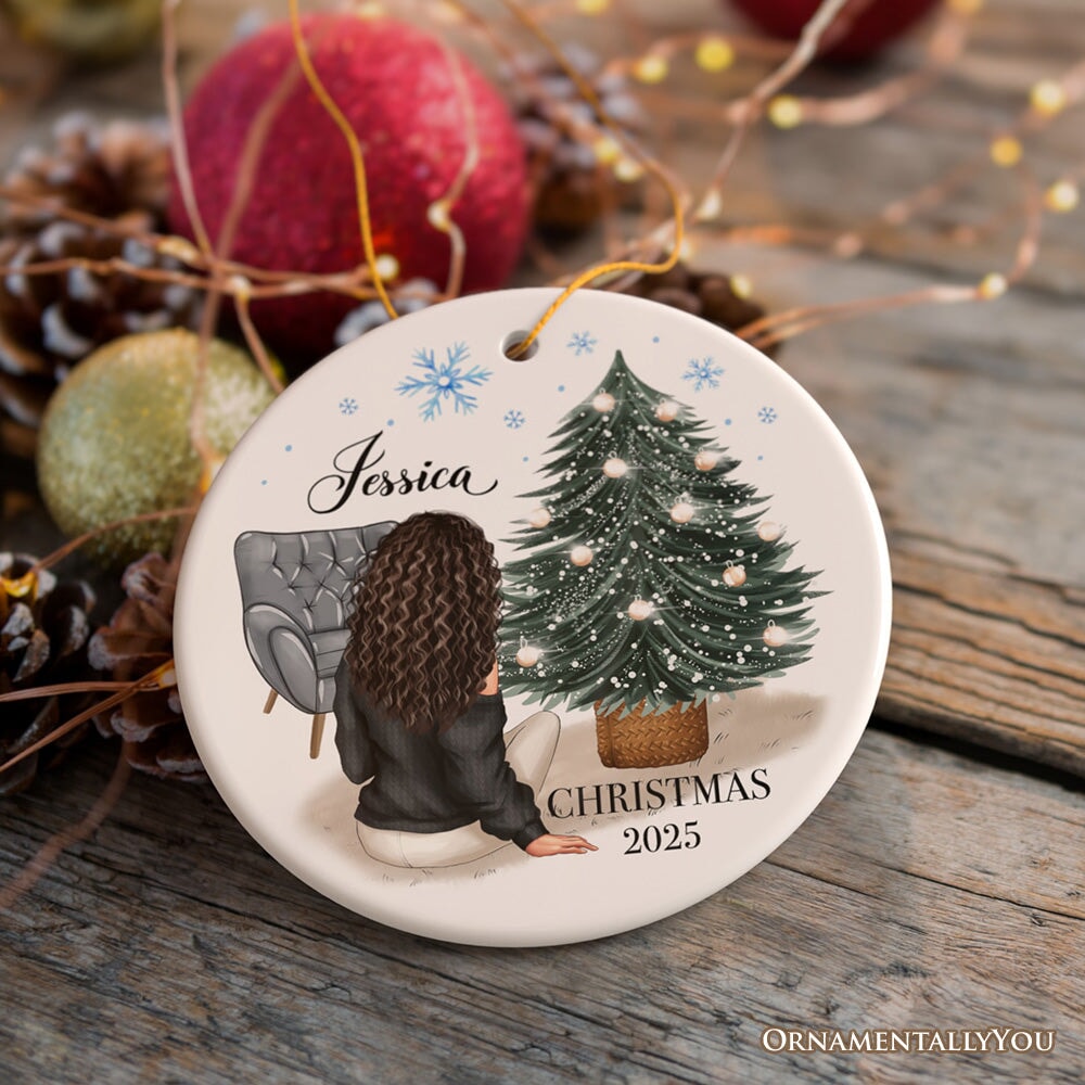 Lovely Women’s Customizable Christmas Ornament Gift, Personalized Hair, Name, and Outfit Ceramic Ornament OrnamentallyYou