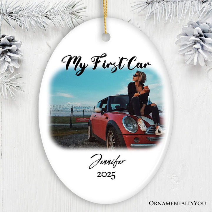 Personalized First Car Photo Ornament, New Driver Picture Custom Christmas Family Gift Ceramic Ornament OrnamentallyYou Oval