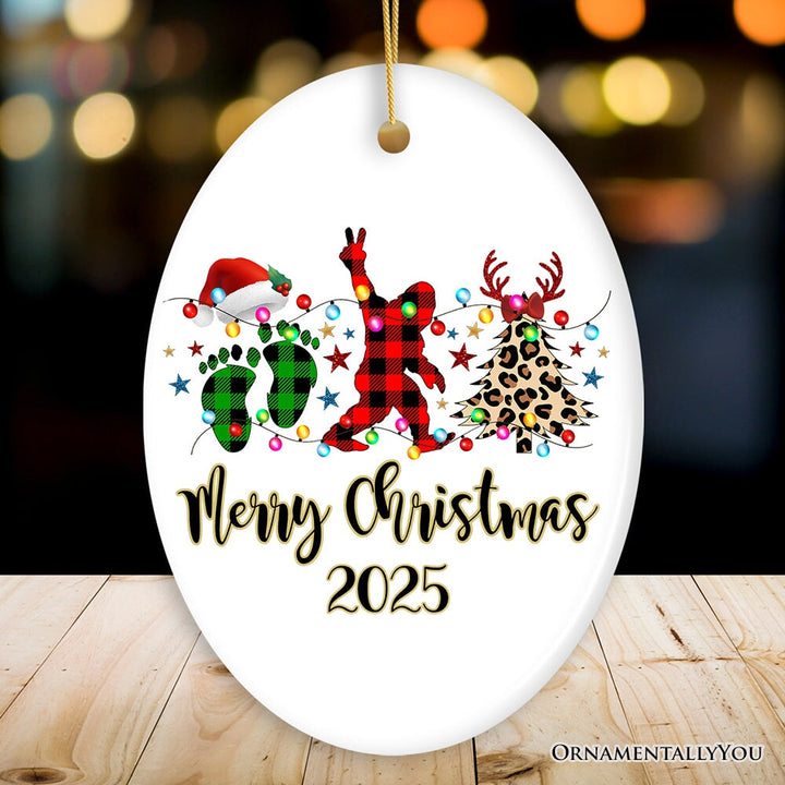 Personalized Bigfoot Buffalo Plaid Christmas Ornament, Sasquatch Holiday Decoration Ceramic Ornament OrnamentallyYou Oval