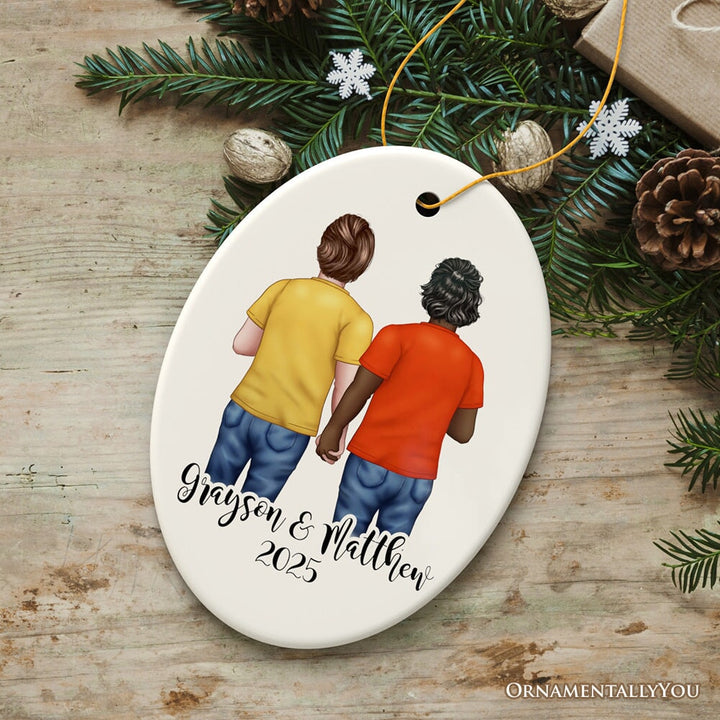 Pride Mens Couple Rainbow Flag Customized Christmas Ornament, LGBT and Gay Activism Ceramic Ornament OrnamentallyYou Oval