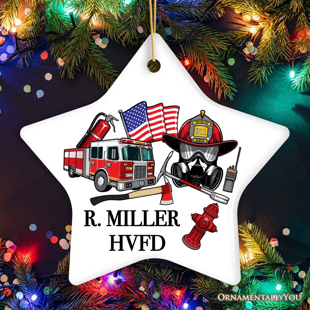 Firefighter Personalized Ornament, Fireman Christmas Appreciation Gift with Custom Name Ceramic Ornament OrnamentallyYou Star