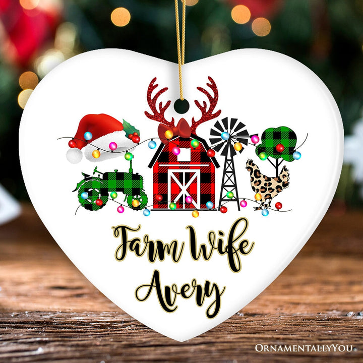 Personalized Farm Buffalo Plaid Leopard Merry Christmas Ornament, Farmhouse Gift Ceramic Ornament OrnamentallyYou Heart