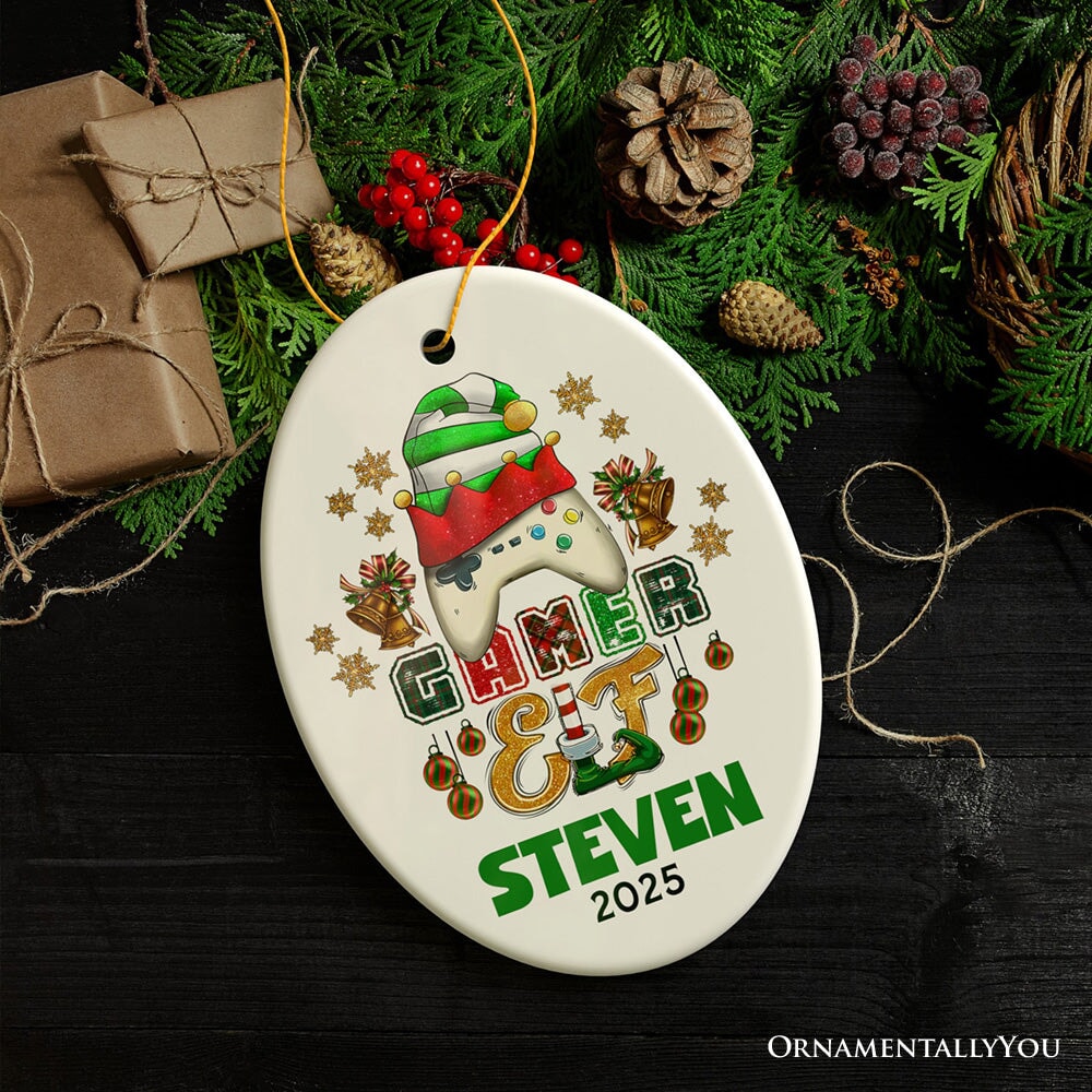 Playful Personalized Video Games Gamer Elf Gift, Customized Christmas Gaming Ornament Ceramic Ornament OrnamentallyYou Oval