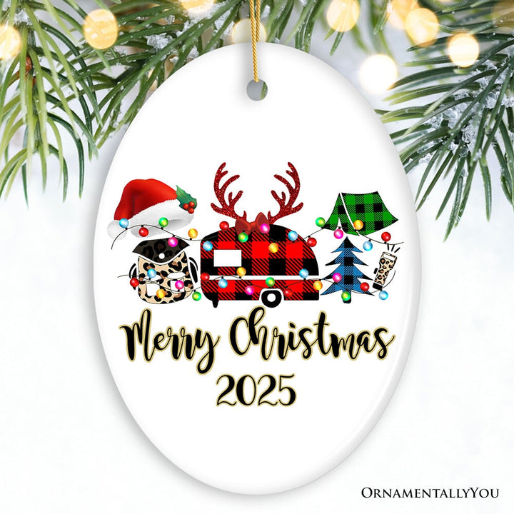 Personalized Camp Buffalo Plaid Leopard Merry Christmas Ornament, Camping Friends Gift Ceramic Ornament OrnamentallyYou Oval