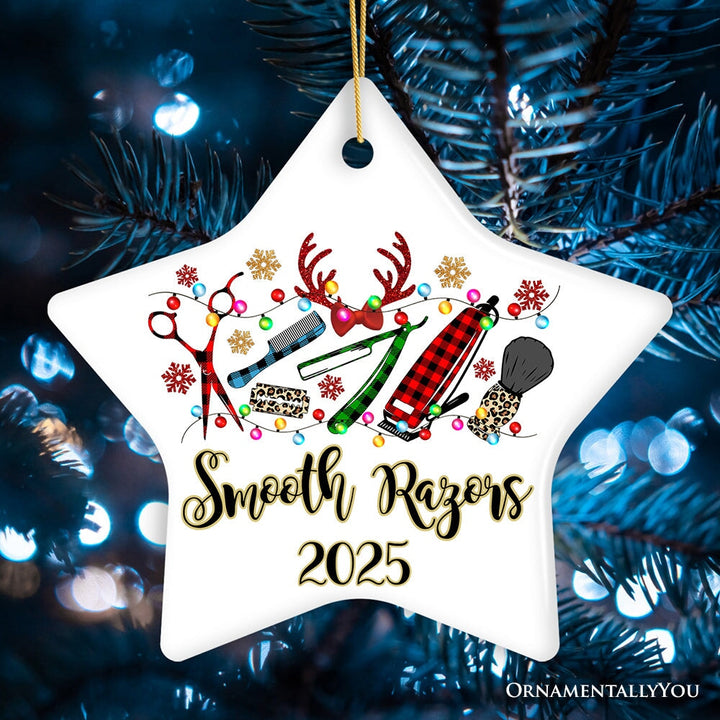 Personalized Barber Buffalo Plaid Leopard Merry Christmas Ornament, Barbershop Gift Ceramic Ornament OrnamentallyYou Star