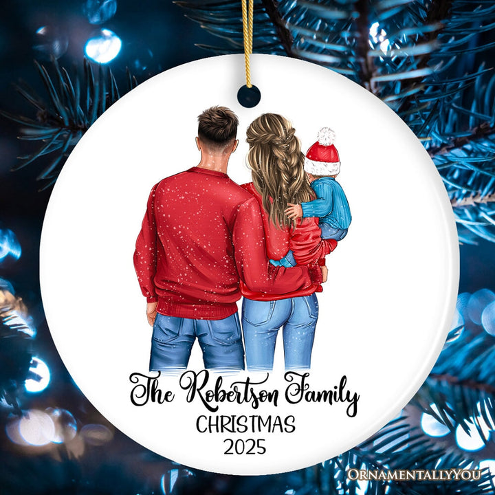 New Family of Three Personalized Keepsake Christmas Ornament, Mom, Dad and Baby Ceramic Ornament OrnamentallyYou Circle