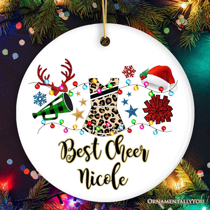 Personalized Cheerleader Buffalo Plaid Leopard Merry Christmas Ornament, Cheer Mom Gift Ceramic Ornament OrnamentallyYou Circle