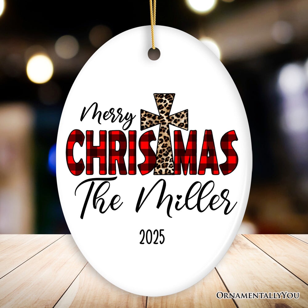 Christian Christmas Buffalo Plaid Personalized Ornament, Holiday Family Gift Ceramic Ornament OrnamentallyYou Oval