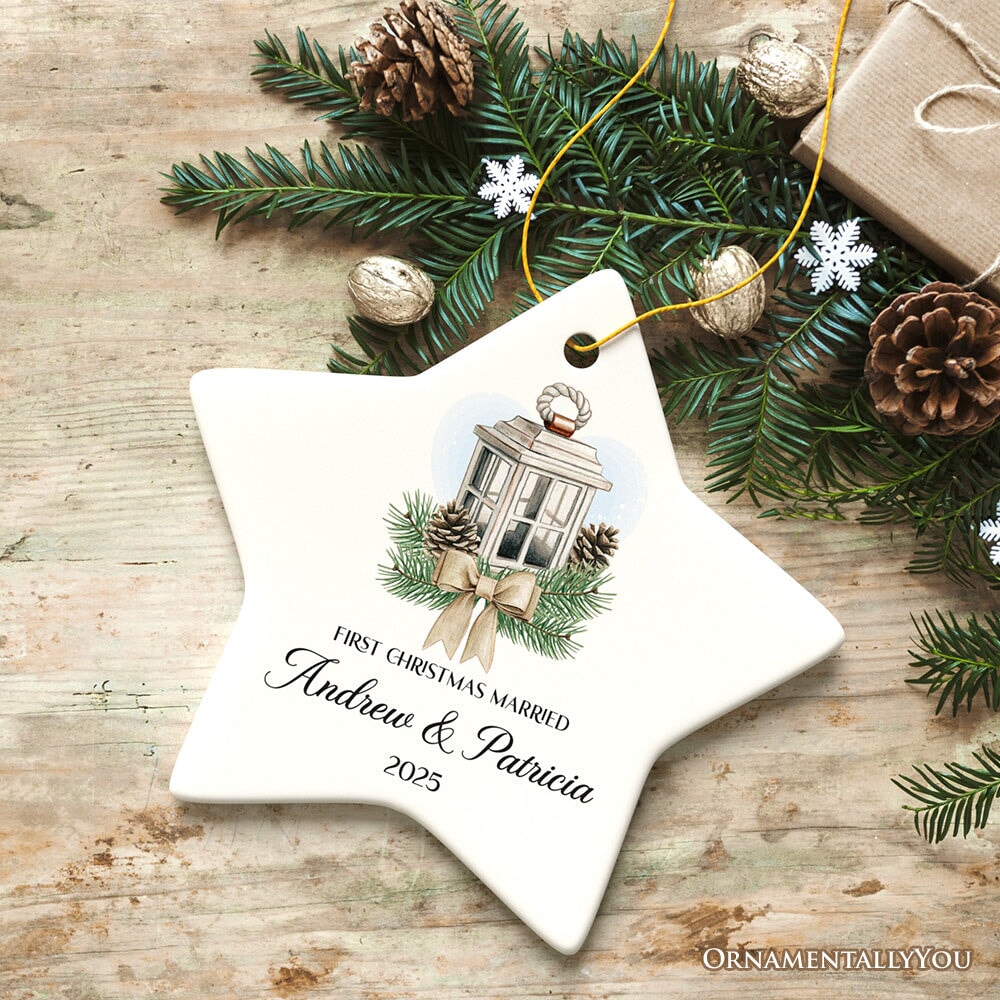 Simply Elegant Engaged or Married First Christmas Personalized Ornament, Newlyweds or Marriage Proposal Gift Ceramic Ornament OrnamentallyYou Star