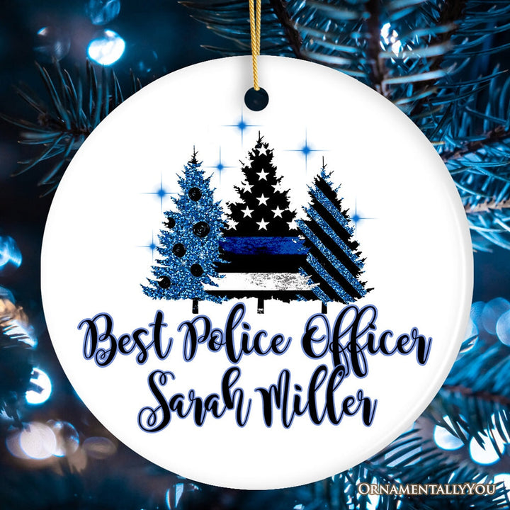 Personalized Police Officer Back The Blue Merry Christmas Trees Ornament, Retirement Gift Ceramic Ornament OrnamentallyYou Circle