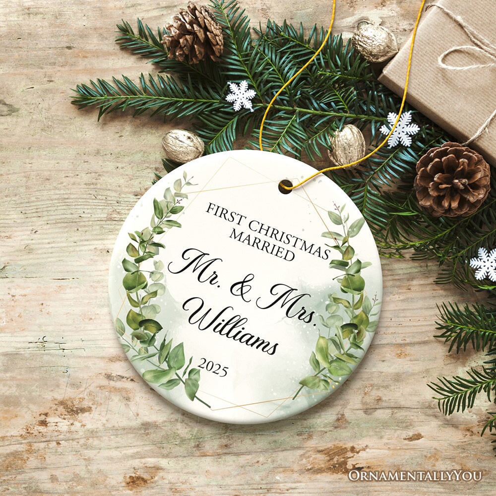 Personalized First Christmas Married as Mr and Mrs Ornament, Elegant Gift with Custom Last Name Ceramic Ornament OrnamentallyYou