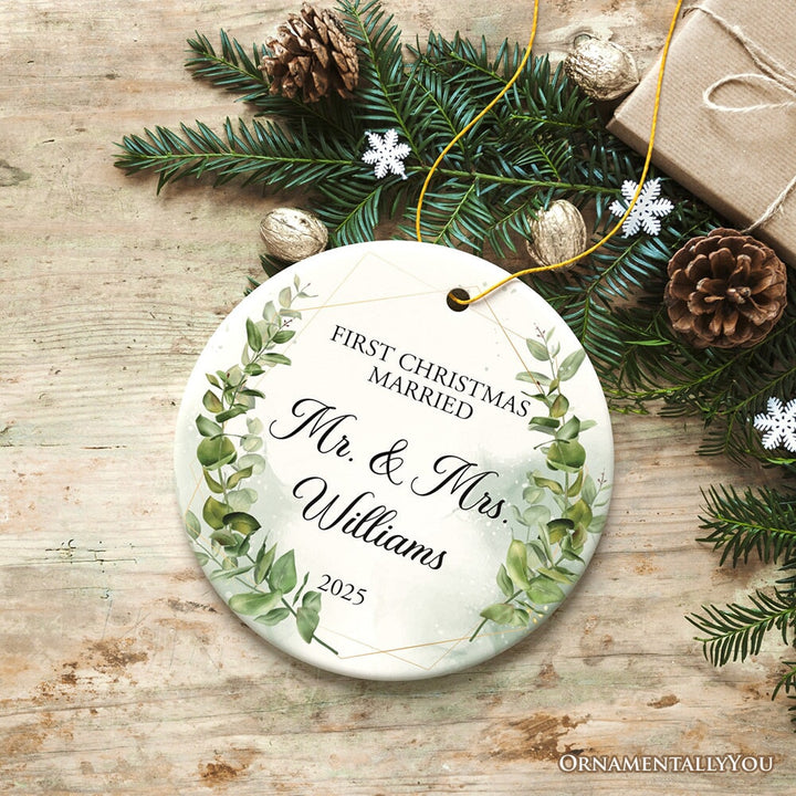 Personalized First Christmas Married as Mr and Mrs Ornament, Elegant Gift with Custom Last Name Ceramic Ornament OrnamentallyYou
