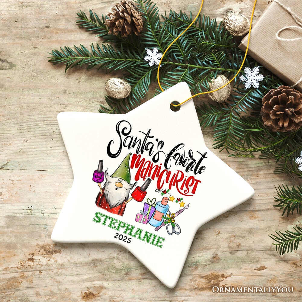 Glamorous Santa's Favorite Manicurist Nail Art Personalized Christmas Ornament, Beauty Artist Appreciation Gift Ceramic Ornament OrnamentallyYou Star
