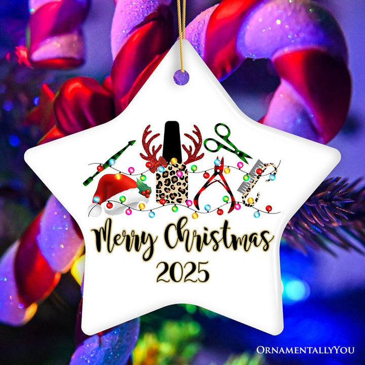 Personalized Nail Tech Buffalo Plaid Leopard Merry Christmas Ornament, Pedicure Gift Ceramic Ornament OrnamentallyYou Star
