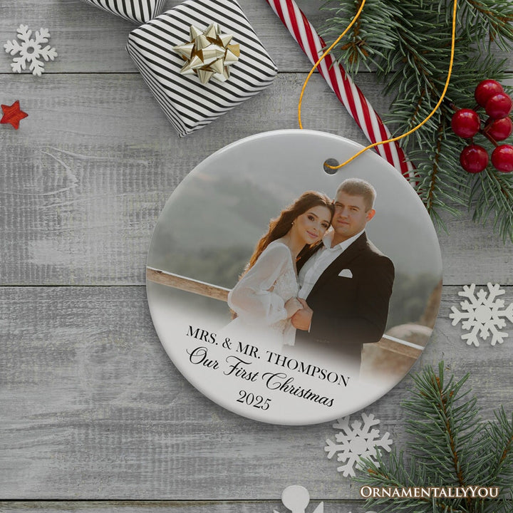Personalized Engagement Photo Ornament, First Christmas Married, Marriage Ceremony Gift Ceramic Ornament OrnamentallyYou