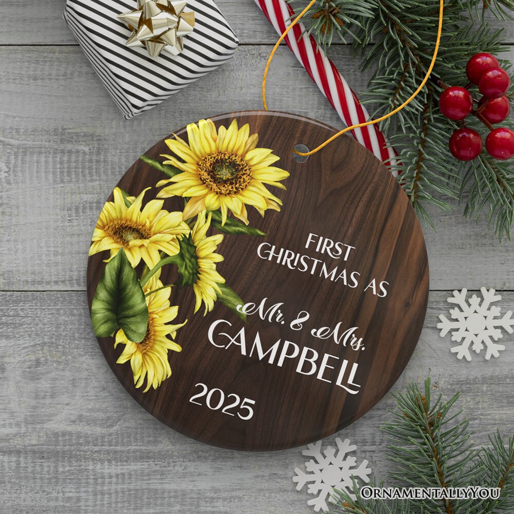First Christmas as Mr and Mrs Rustic Sunflower Personalized Christmas Ornament, Wedding Couple Gift Ceramic Ornament OrnamentallyYou