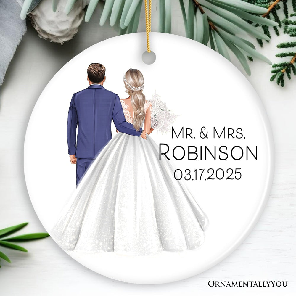 Elegant Wedding Bride and Groom Personalized Ornament, Marriage Ceremony Customized Gift Ceramic Ornament OrnamentallyYou Circle