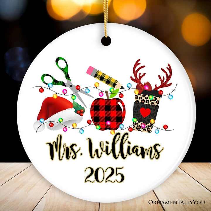 Personalized Plaid Teacher Merry Christmas Ornament, Holiday School Xmas Gift Ceramic Ornament OrnamentallyYou Circle