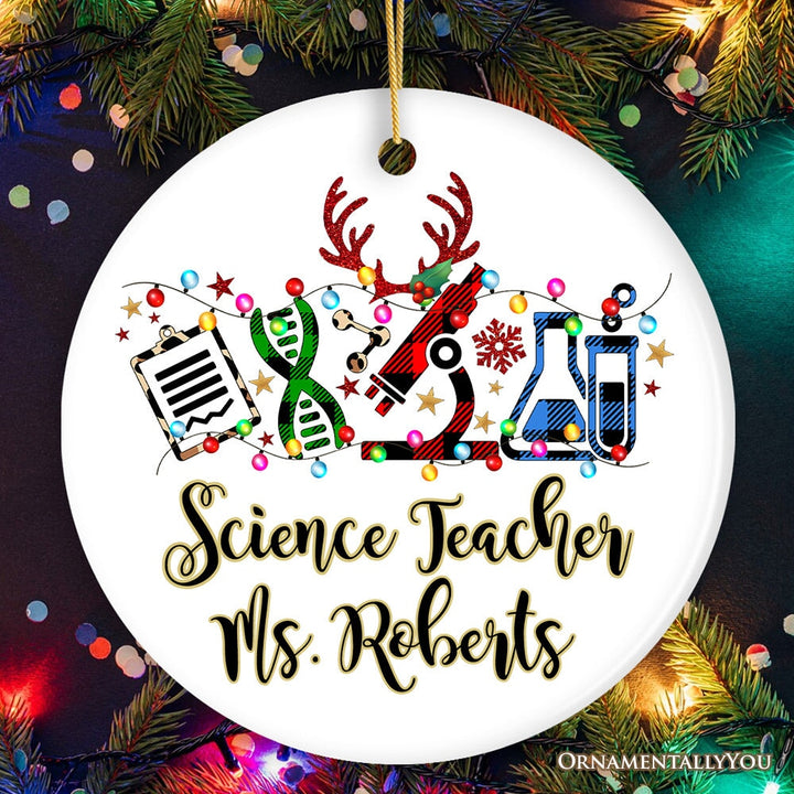 Personalized Science Plaid Christmas Ornament, Gift for Scientist or Researcher, Lab Tools like Flasks and Microscope Ceramic Ornament OrnamentallyYou Circle