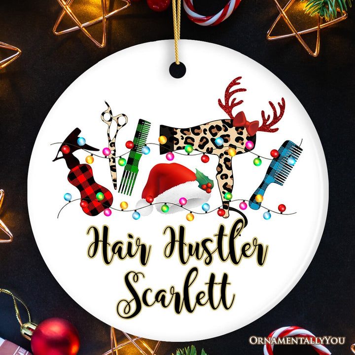 Personalized Hair Stylist Buffalo Plaid Leopard Merry Christmas Ornament, Hair Hustler Gift Ceramic Ornament OrnamentallyYou Circle