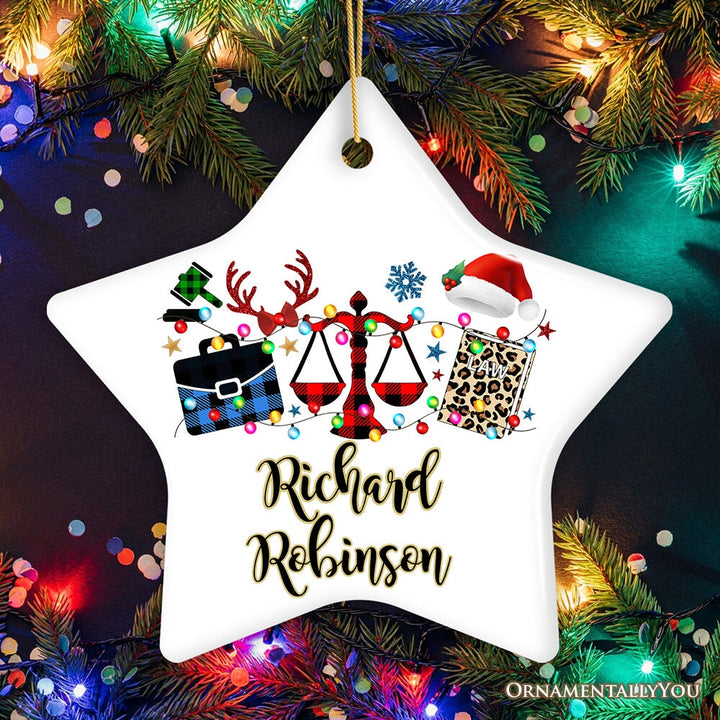 Personalized Law and Legal Theme Buffalo Plaid Christmas Ornament, Lawyer and Paralegal Clerk Gift Ceramic Ornament OrnamentallyYou Star
