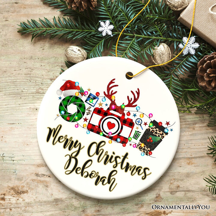 Personalized Photographer Buffalo Plaid Christmas Ornament, Photography Accessories like Camera, Holiday Gift Ceramic Ornament OrnamentallyYou Circle