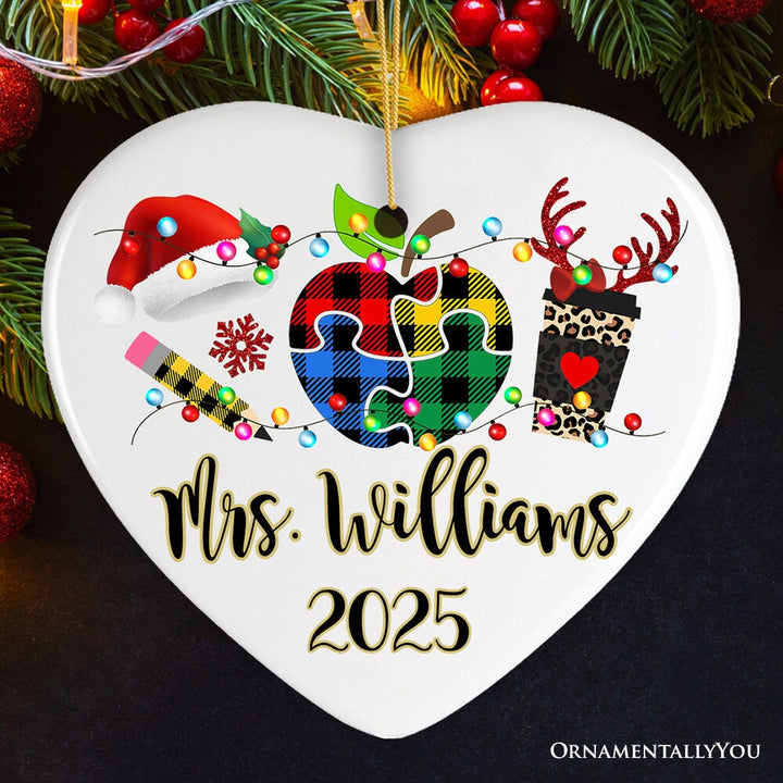 Personalized Autism Teacher Buffalo Plaid Leopard Merry Christmas Ornament, Thank You Gift Ceramic Ornament OrnamentallyYou Heart