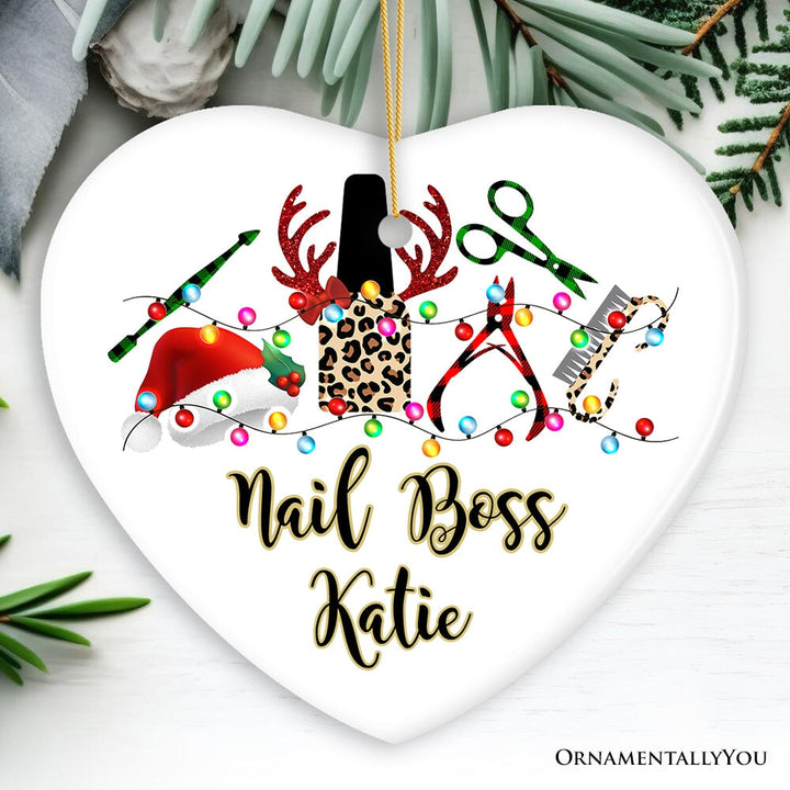 Personalized Nail Tech Buffalo Plaid Leopard Merry Christmas Ornament, Pedicure Gift Ceramic Ornament OrnamentallyYou Heart