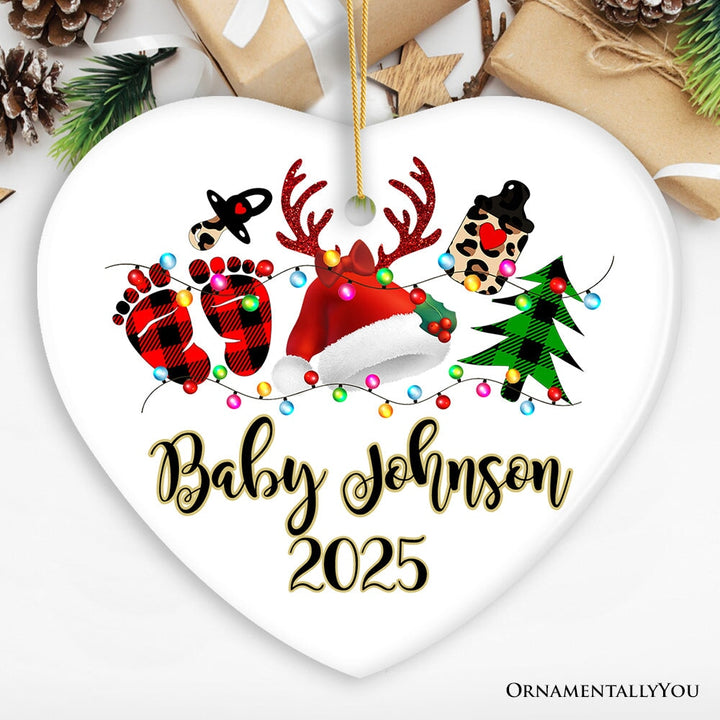 Personalized Baby Christmas Buffalo Plaid Leopard Ornament Gift Ceramic Ornament OrnamentallyYou Heart