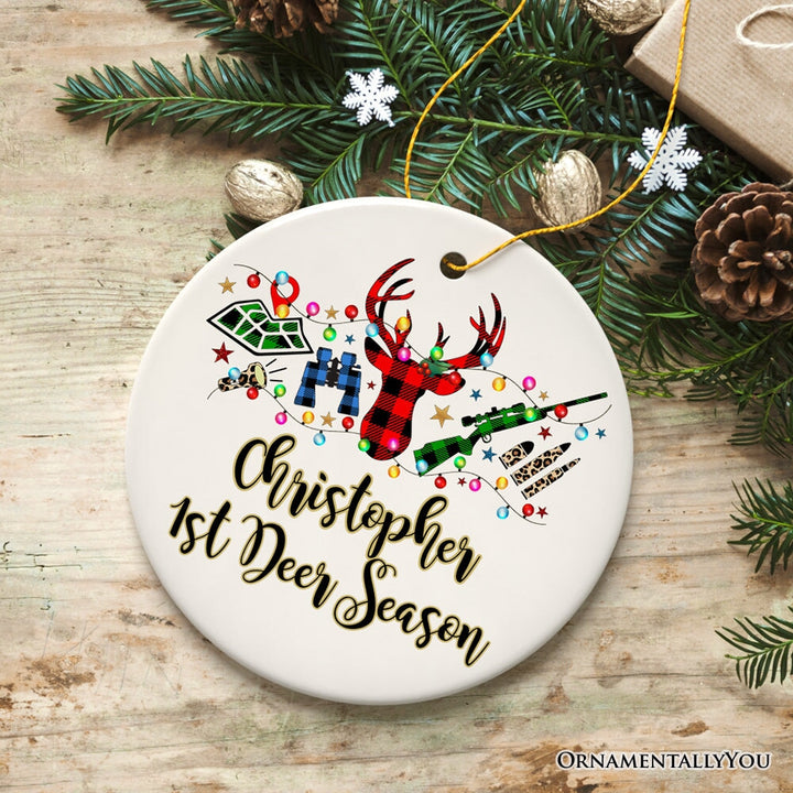 Personalized Buffalo Plaid Hunting Theme Christmas Ornament, Hunter Gift, Red and Green Deer and Gun Ceramic Ornament OrnamentallyYou Circle
