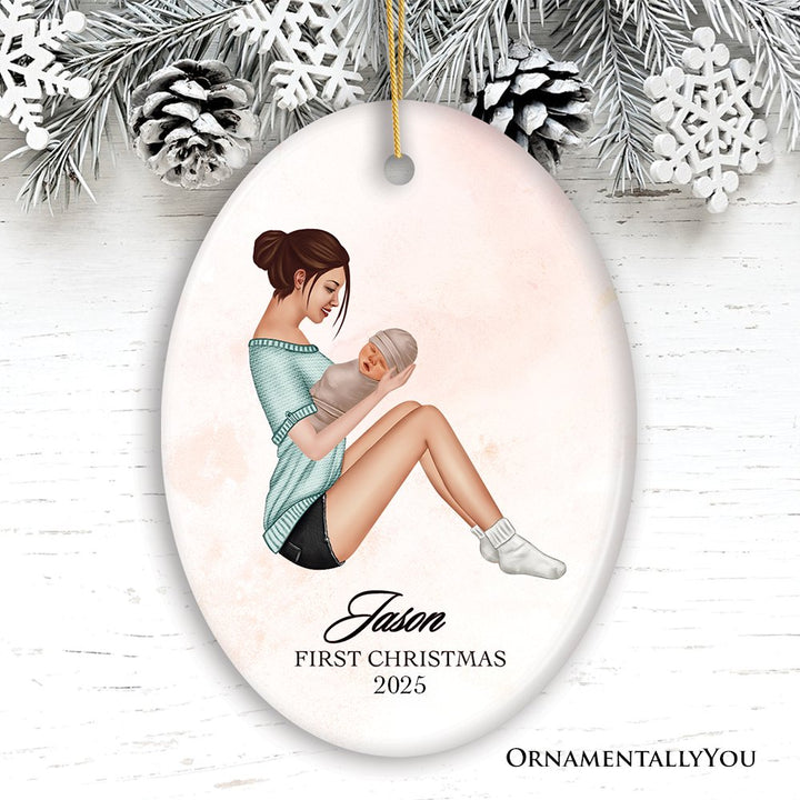 Mother and Newborn Baby Personalized First Christmas Ornament Ceramic Ornament OrnamentallyYou Oval